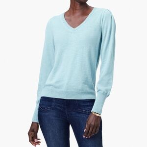 Nic Zoe Slub V Neck Sweater Womens Medium Long Puff Sleeve Cotton Blend Casual